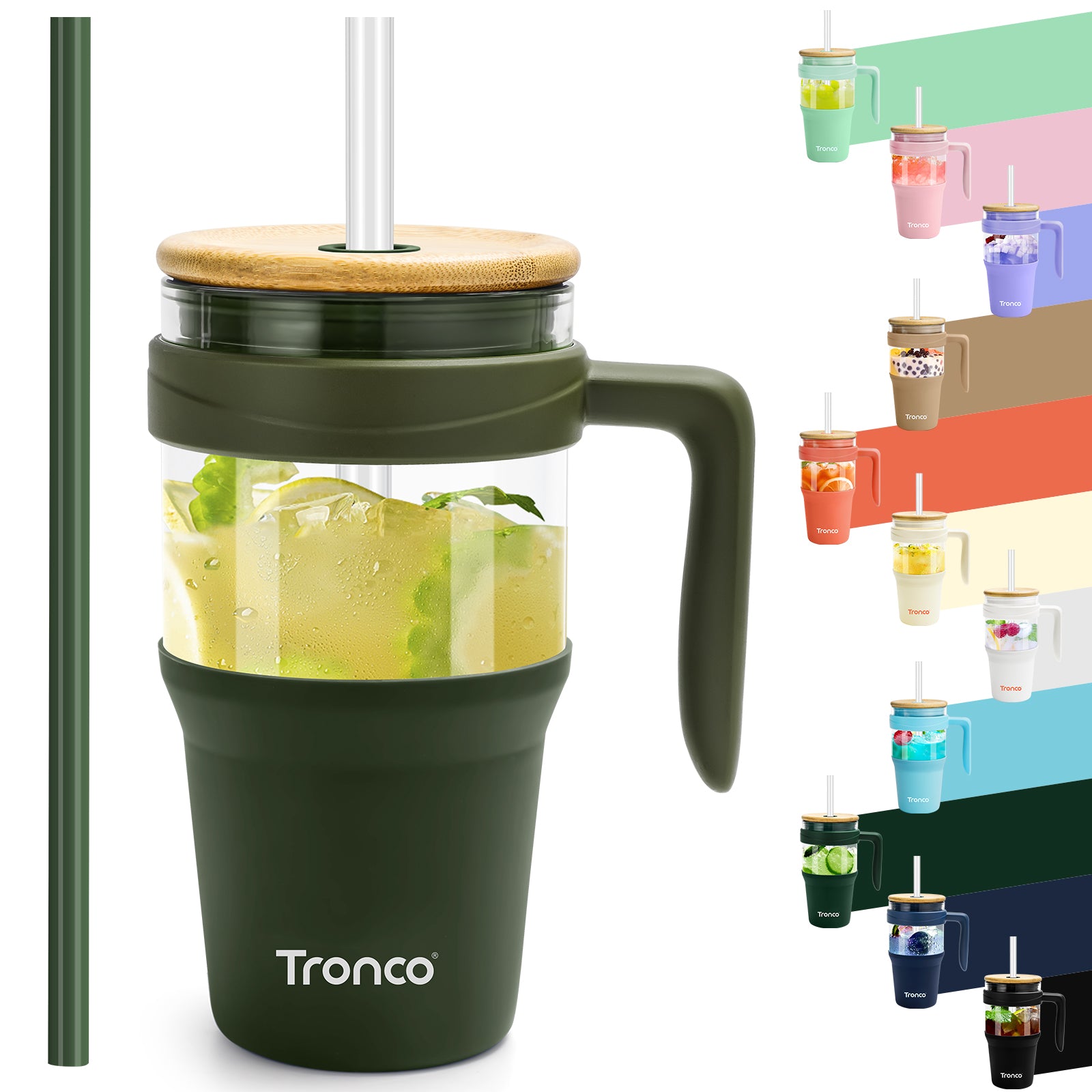 Tronco 32 oz Glass Tumbler with Handle and Flip Straw Lid