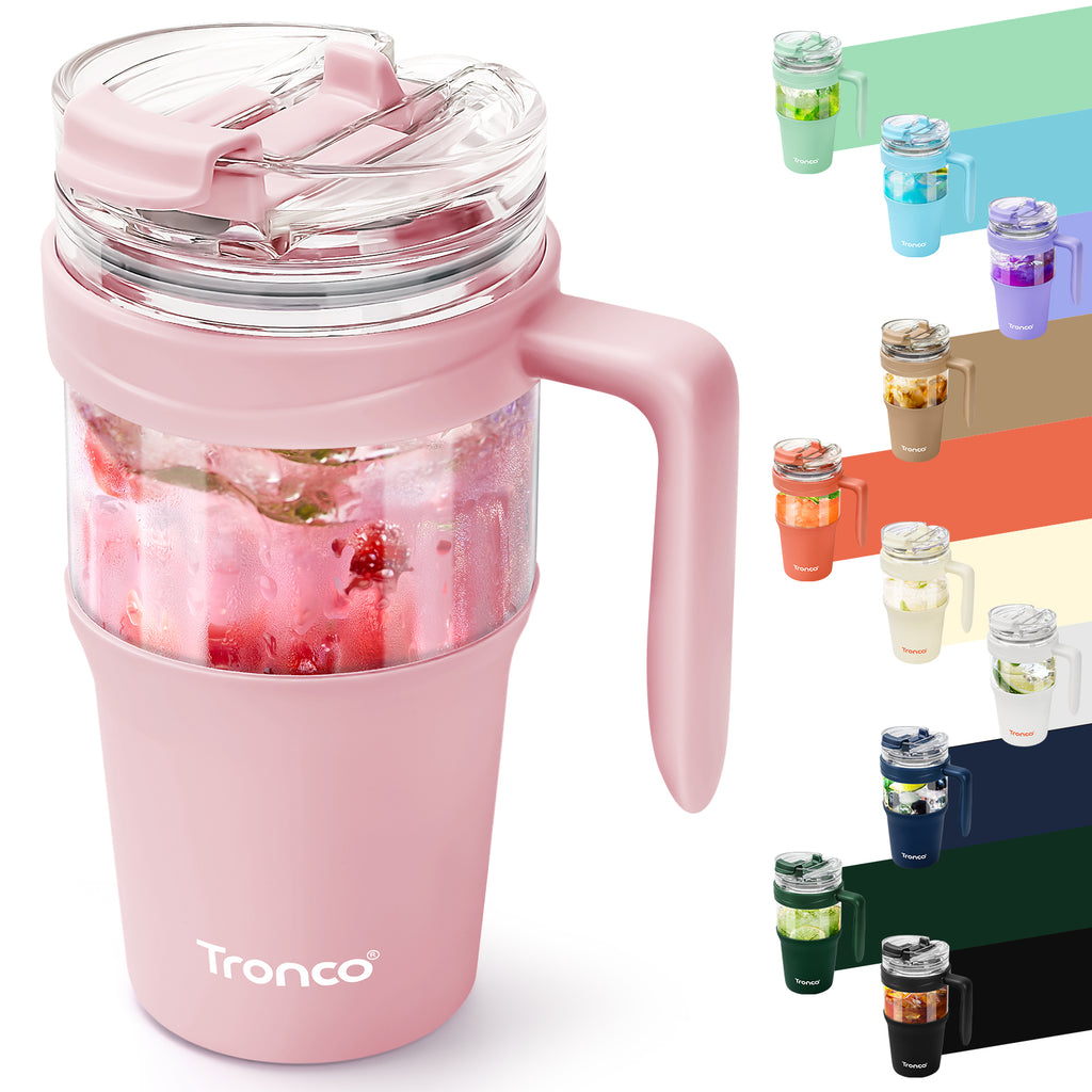 Tronco 32 oz Glass Tumbler with Handle and Bamboo Lid
