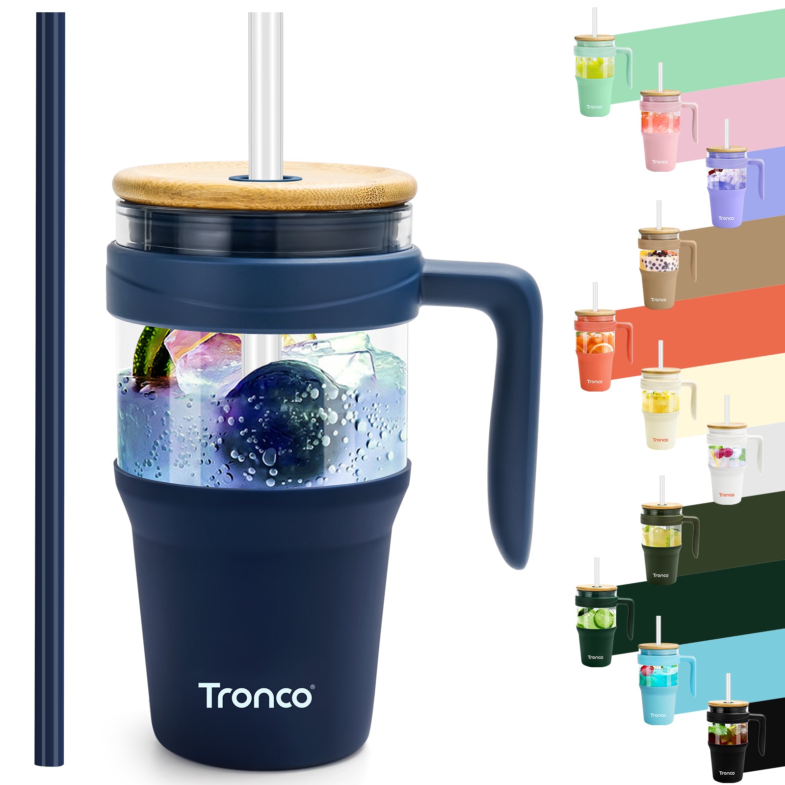 Tronco 32 oz Glass Tumbler with Handle and Flip Straw Lid