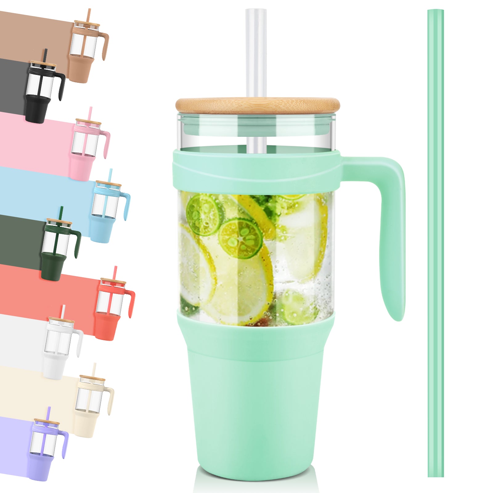 Tronco 40 oz Glass Tumbler with Handle and Flip Straw Lid