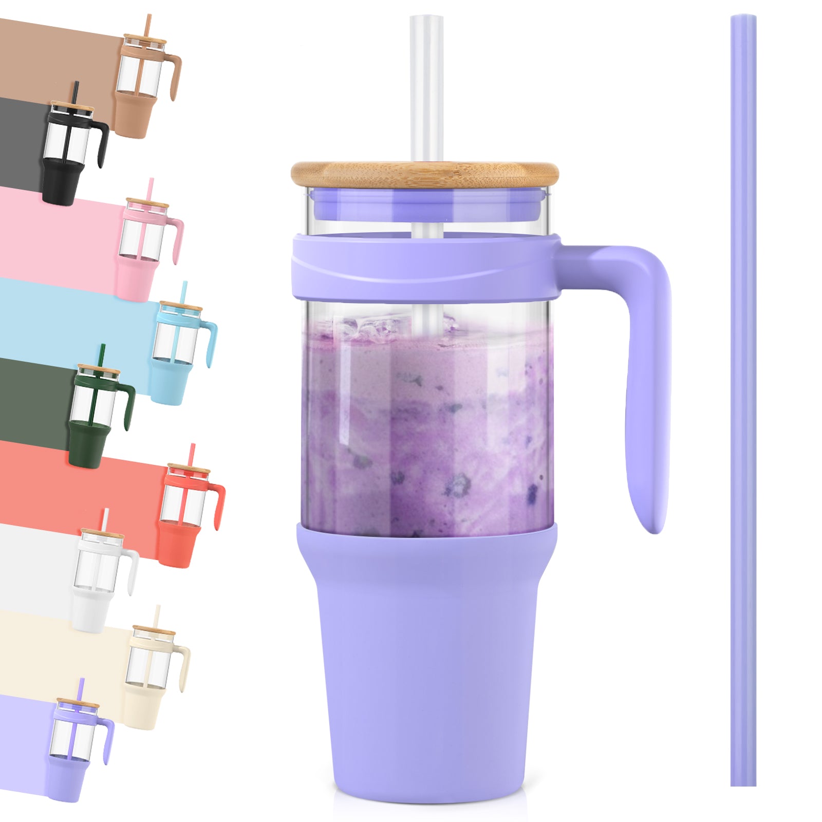 Tronco 40 oz Glass Tumbler with Handle and Flip Straw Lid