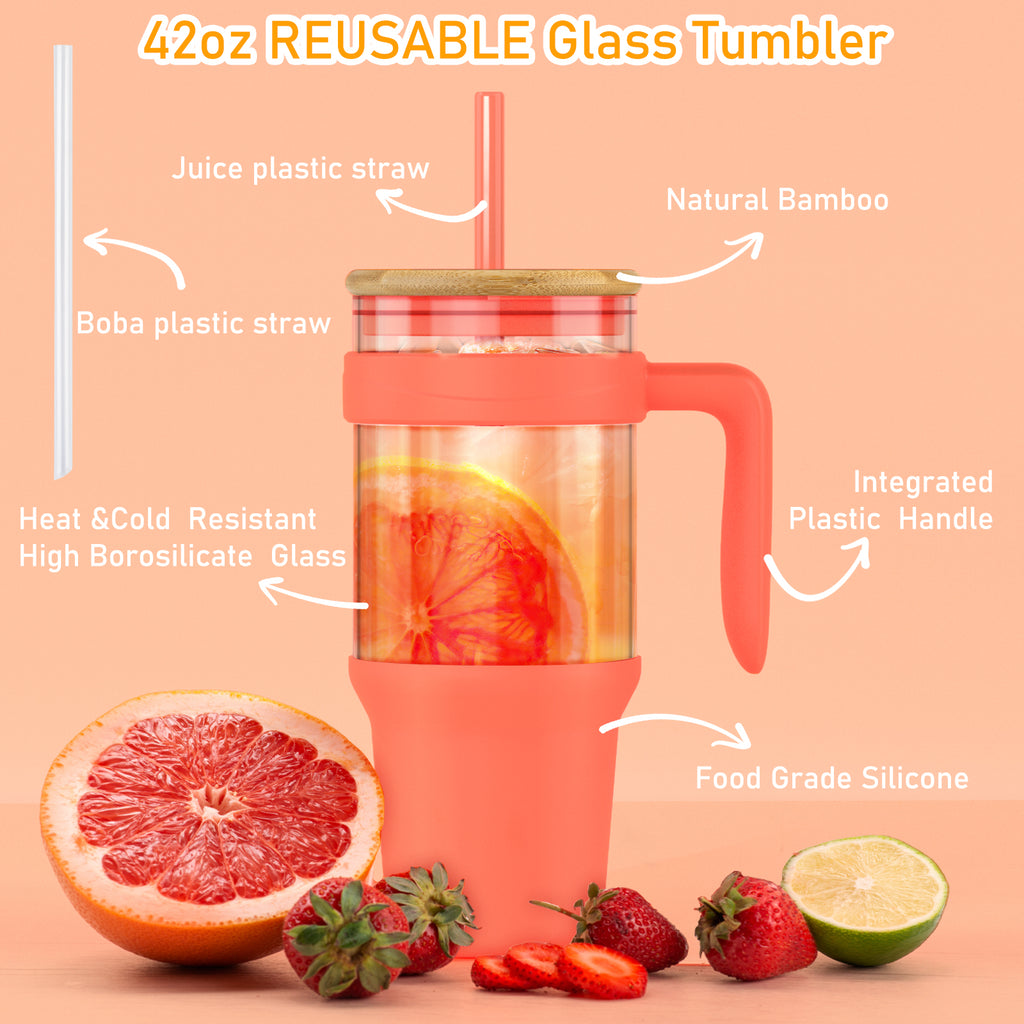 Tronco 40 oz Glass Tumbler with Handle and Flip Straw Lid