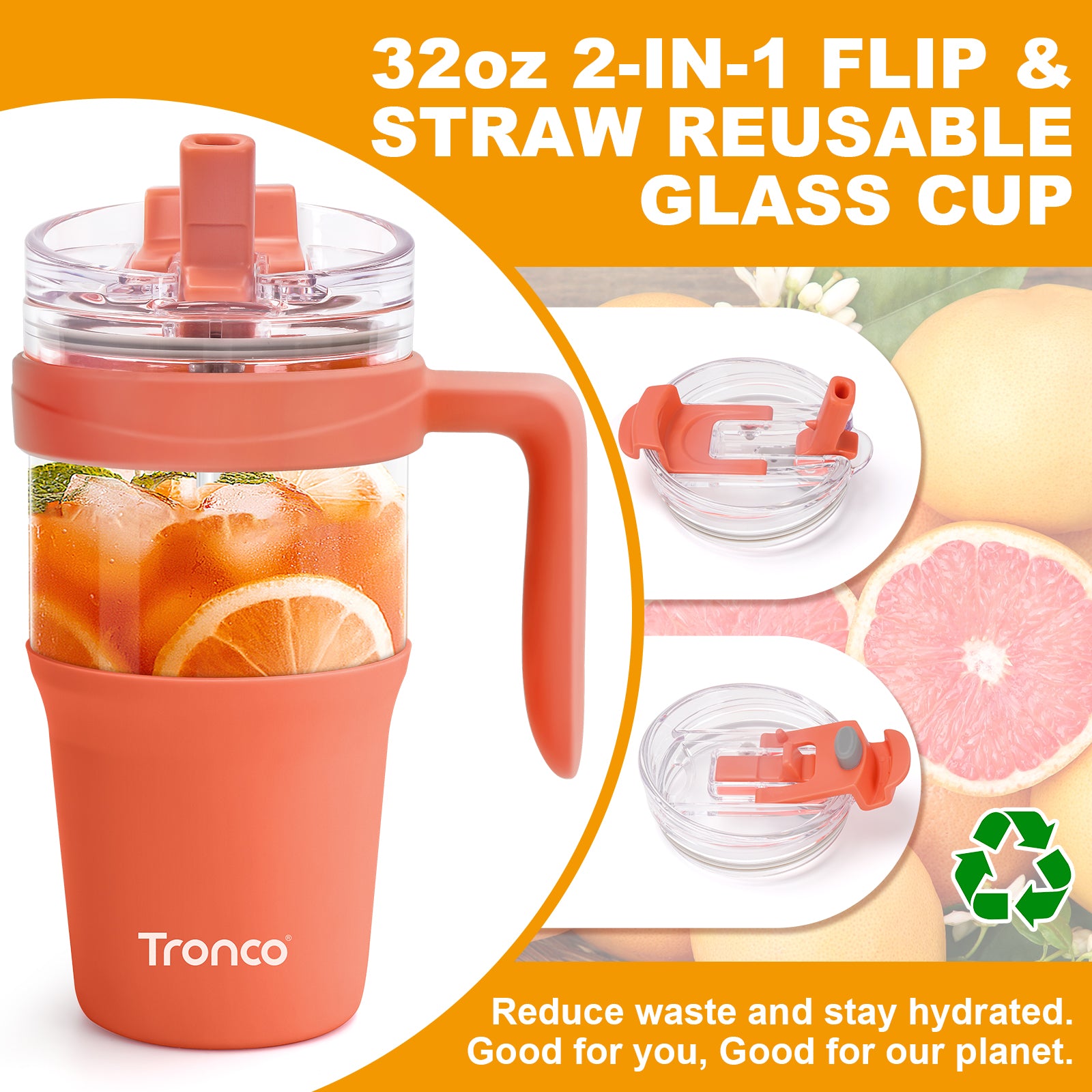 Tronco 32 oz Glass Tumbler with Handle and Bamboo Lid
