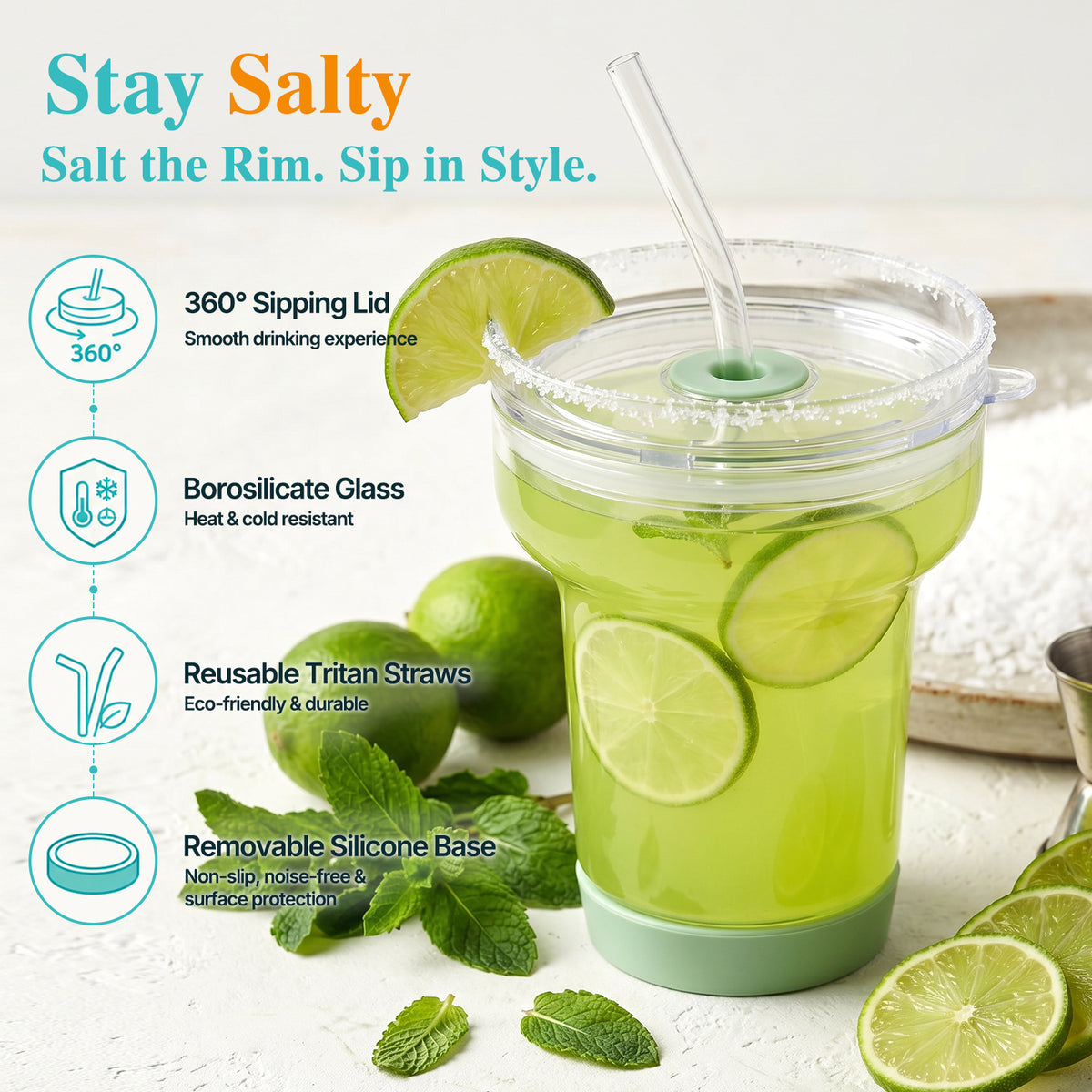 Tronco 16 oz Glass Cocktail Tumbler with Lid & Straw