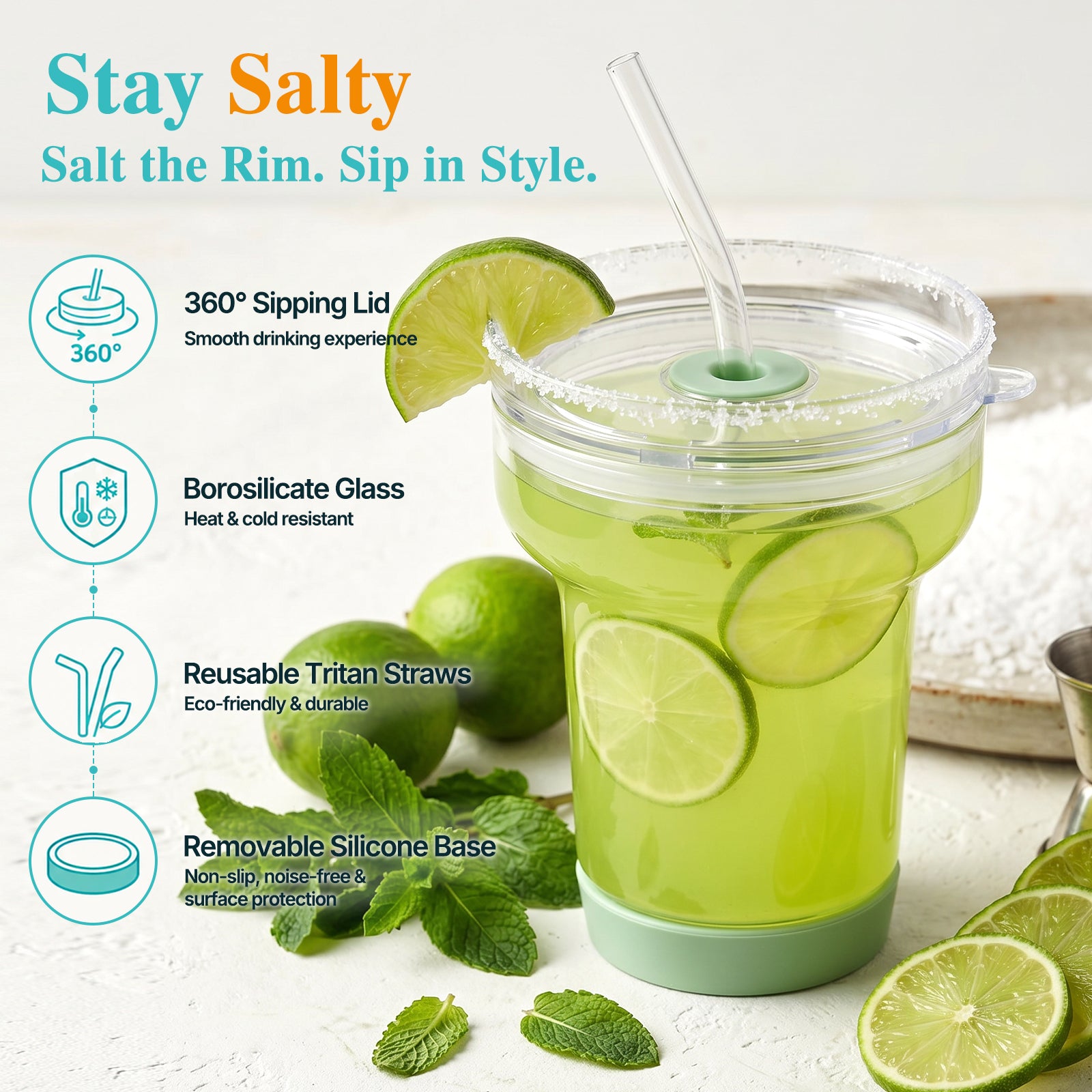 Tronco 16 oz Glass Cocktail Tumbler with Lid & Straw
