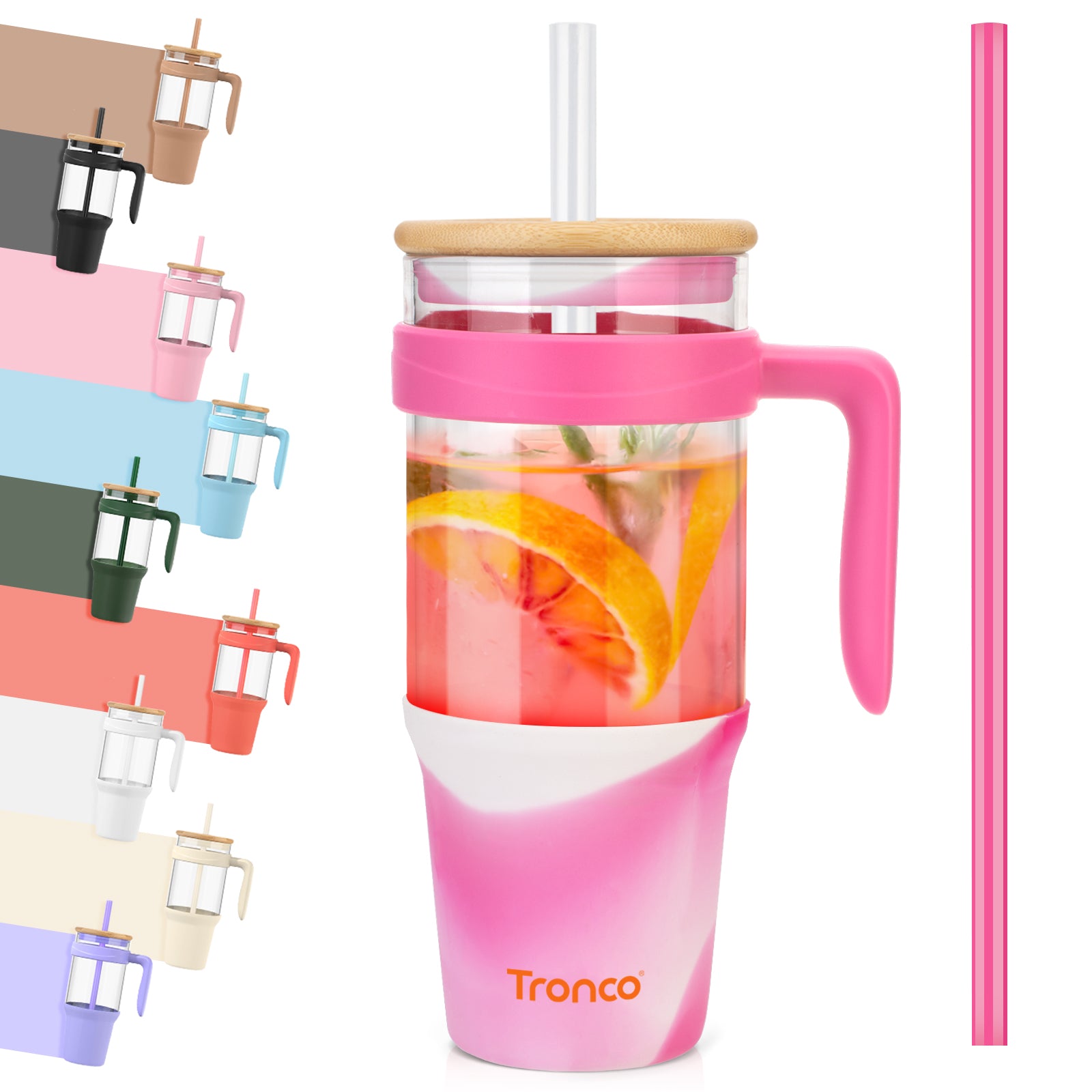 Tronco 40 oz Glass Tumbler with Handle and Flip Straw Lid