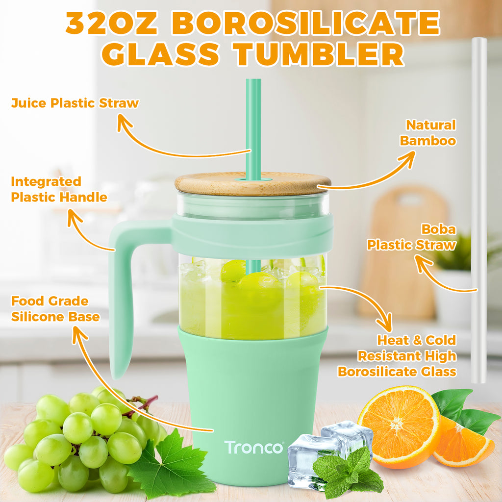 Tronco 32 oz Glass Tumbler with Handle and Flip Straw Lid