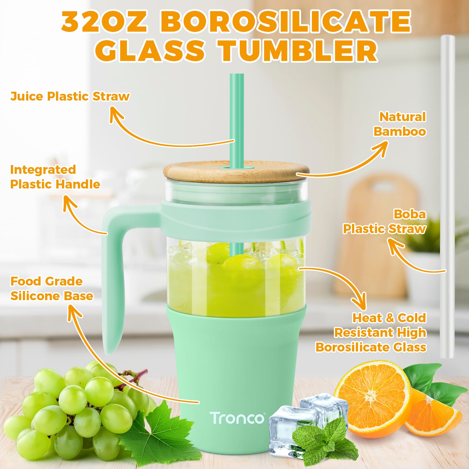 Tronco 32 oz Glass Tumbler with Handle and Flip Straw Lid