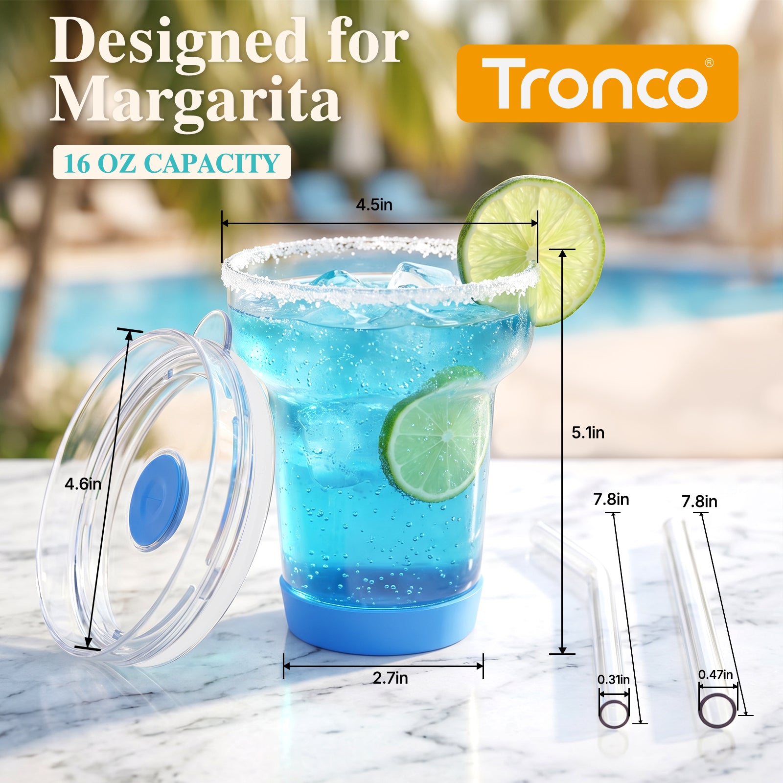 Tronco 16 oz Glass Cocktail Tumbler with Lid & Straw