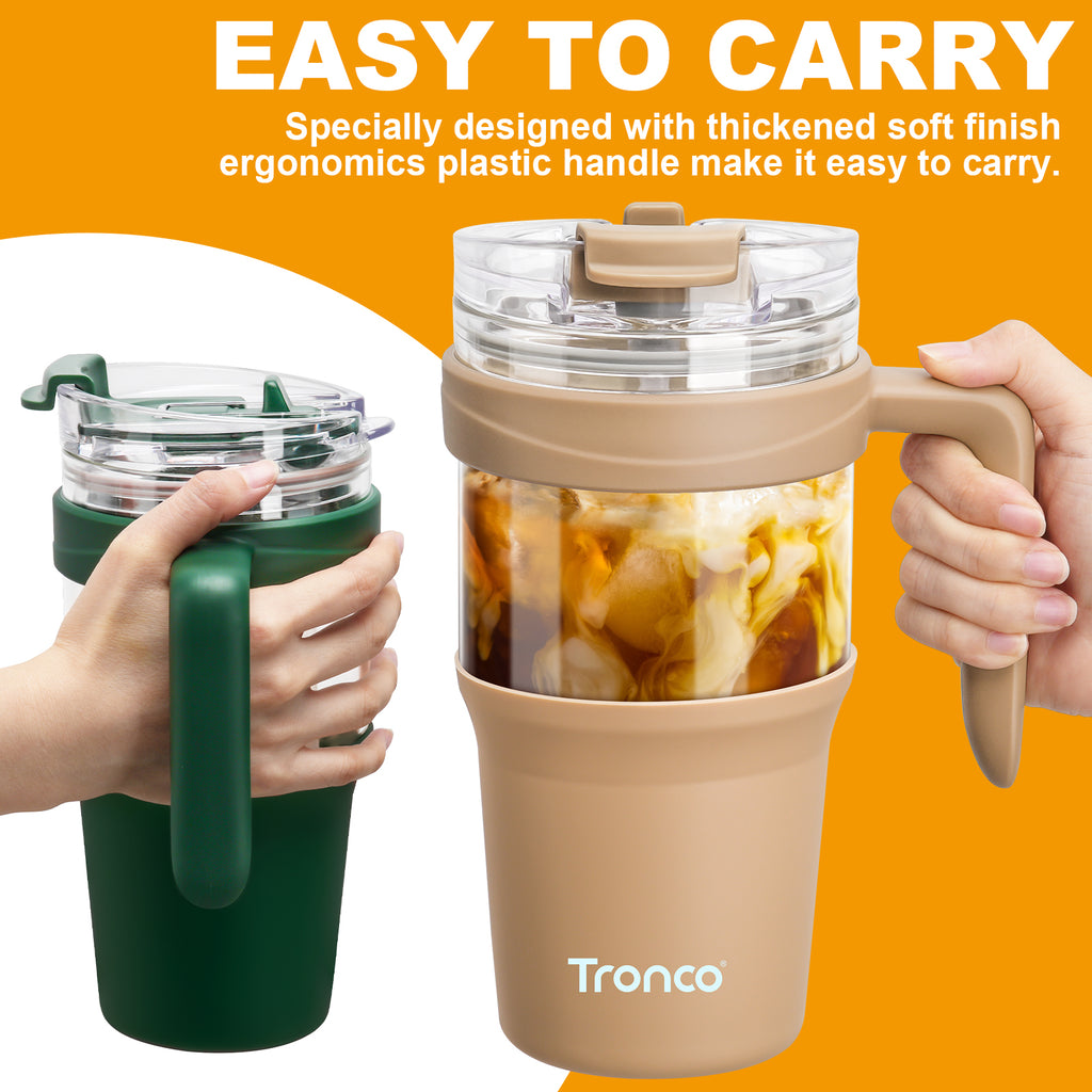 Tronco 32 oz Glass Tumbler with Handle and Bamboo Lid