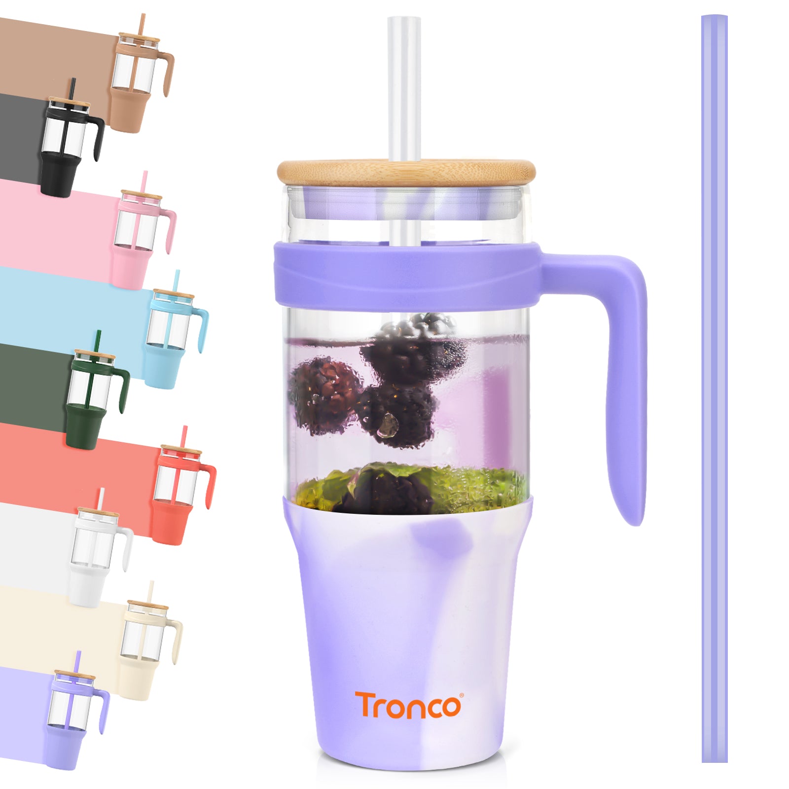Tronco 40 oz Glass Tumbler with Handle and Flip Straw Lid