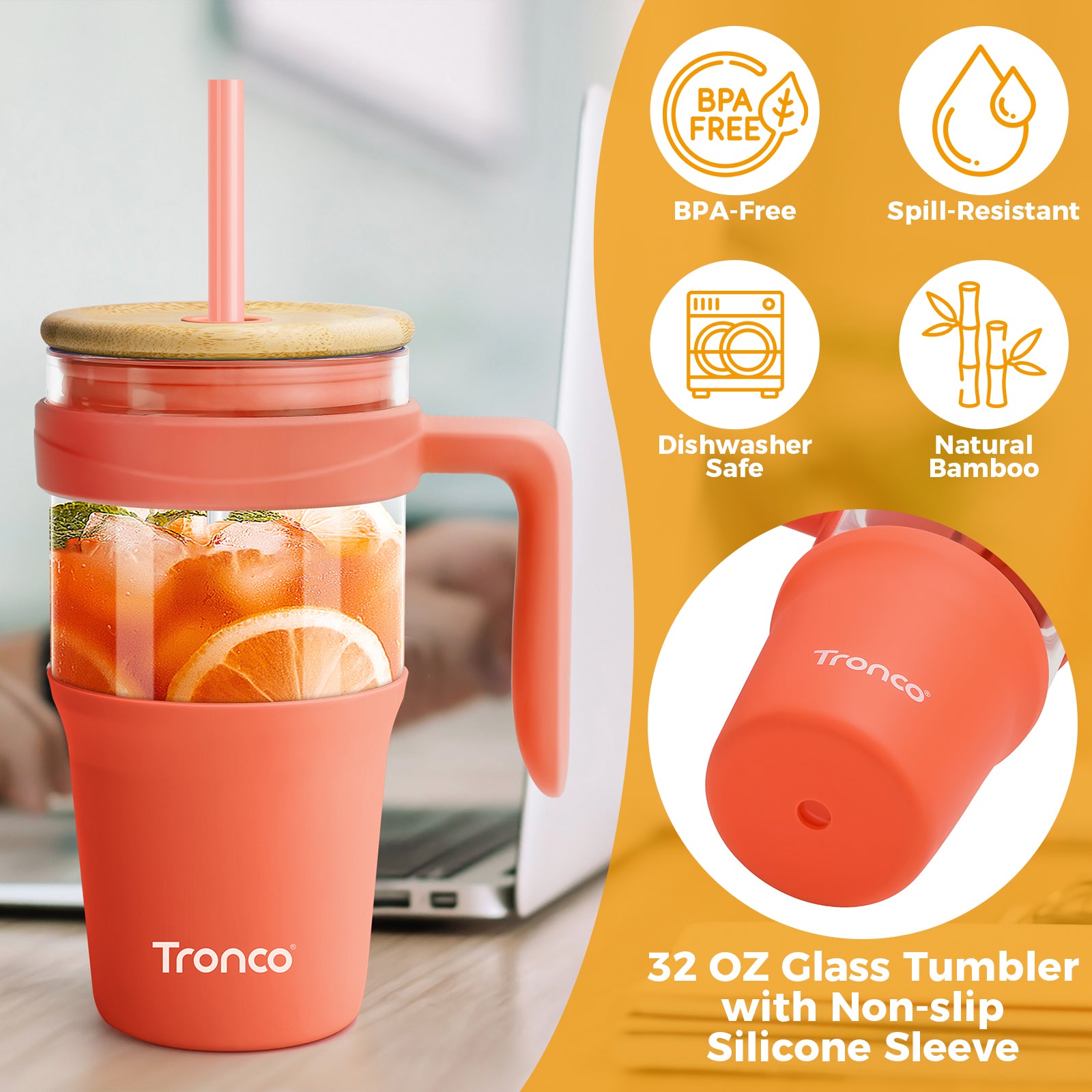 Tronco 32 oz Glass Tumbler with Handle and Flip Straw Lid